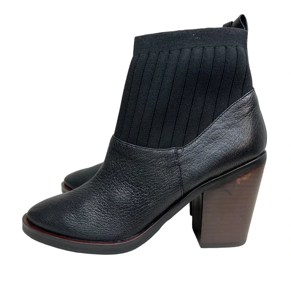 Kelsi Dagger Brooklyn Woodland Boot Black Leather Knit Cuff Block Heel Women 8.5